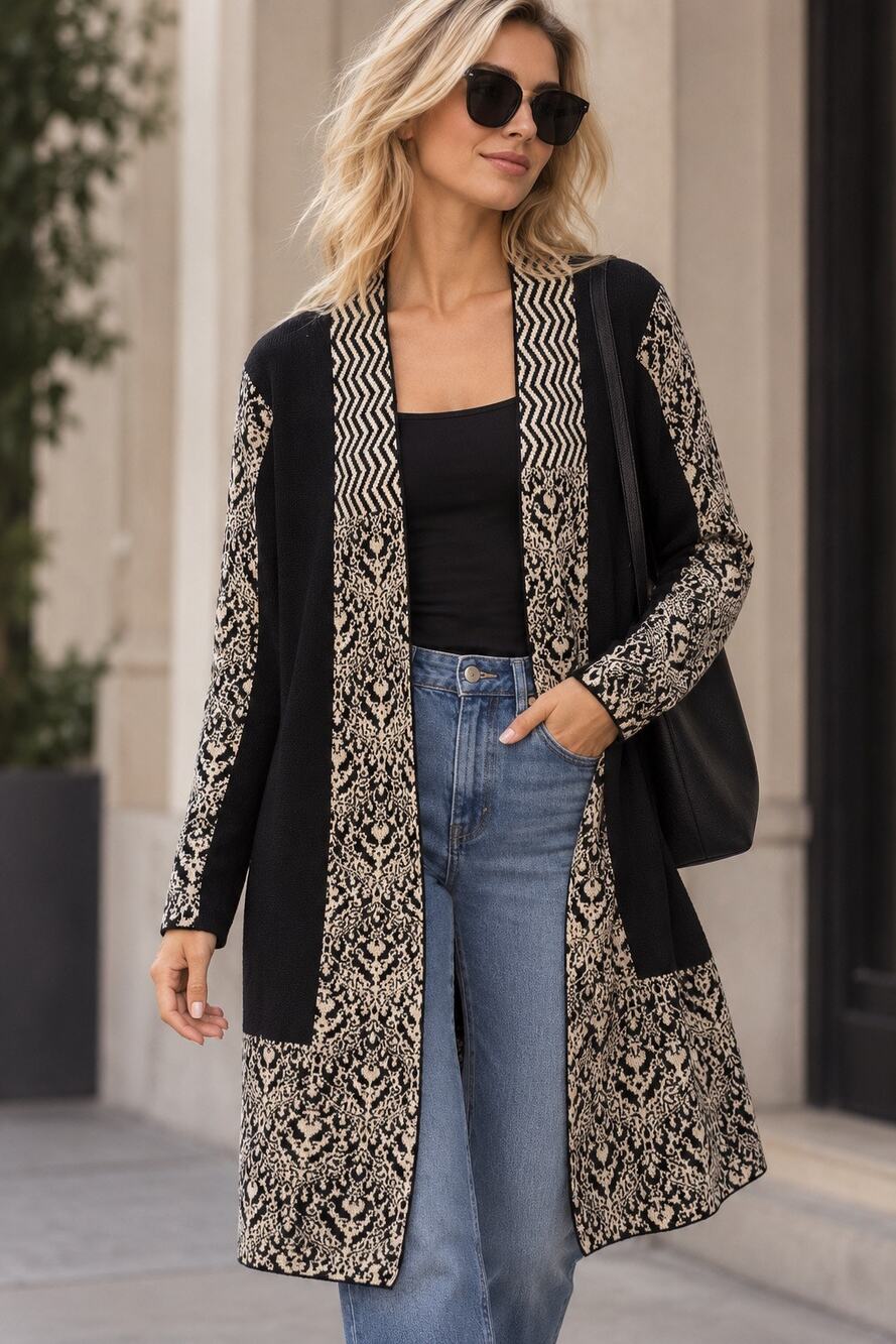 Chico’s 3 XL Black Ivory Paisley Jacquard Longline Open Cardigan Knit Boho Wool
